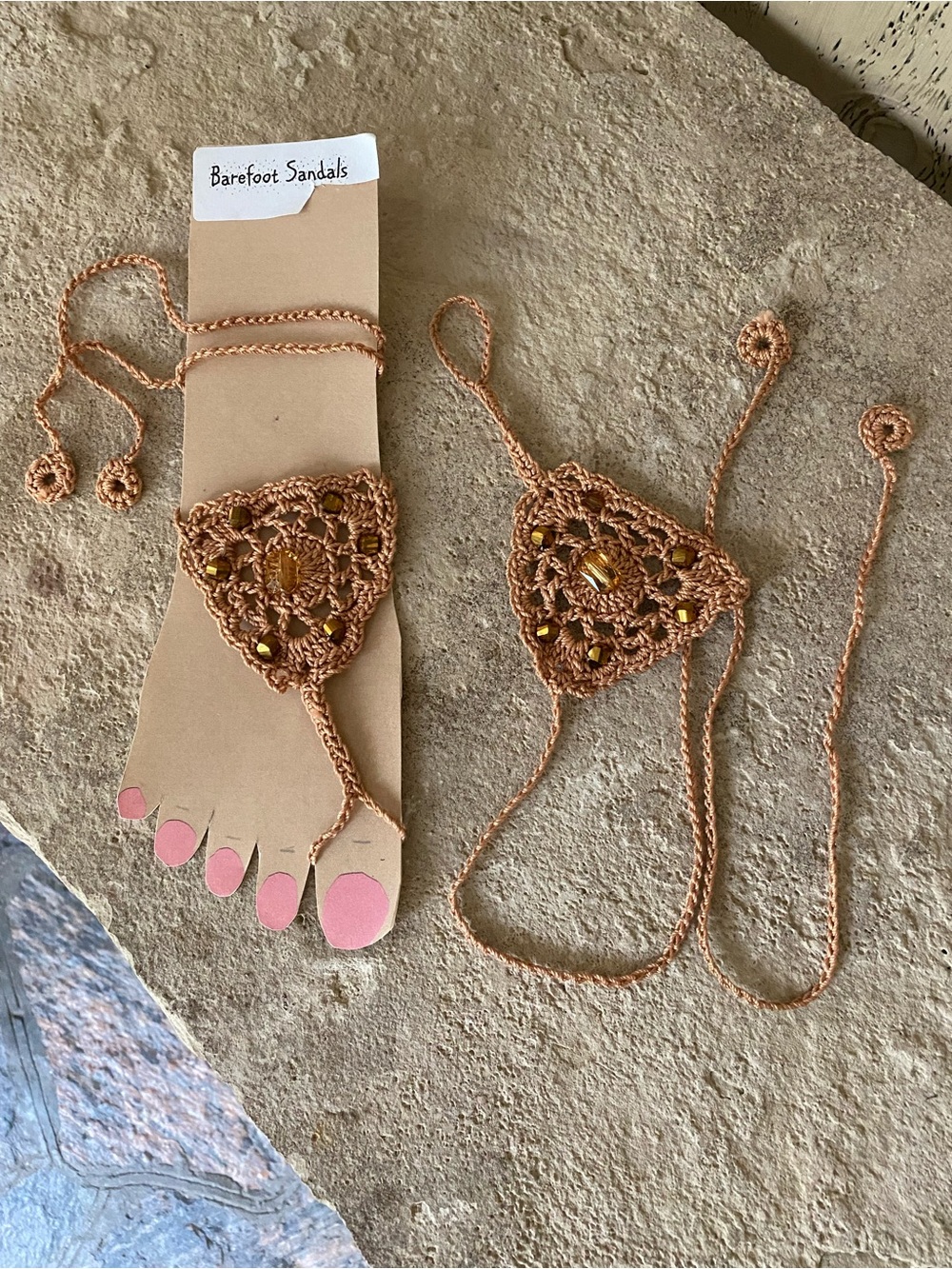 Hand Crafted Crochet Barefoot Sandals in Tan with Amber Beads - Picture 2 of 3